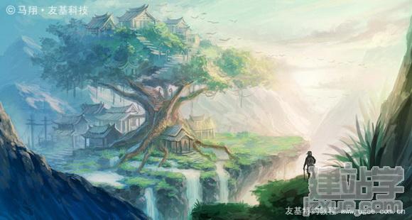PS鼠绘奇幻的山谷美景白昼及星夜图